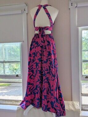 Abel The Label Anthropologie Purple & Pink Halter Backless Tie Maxi Dress Large